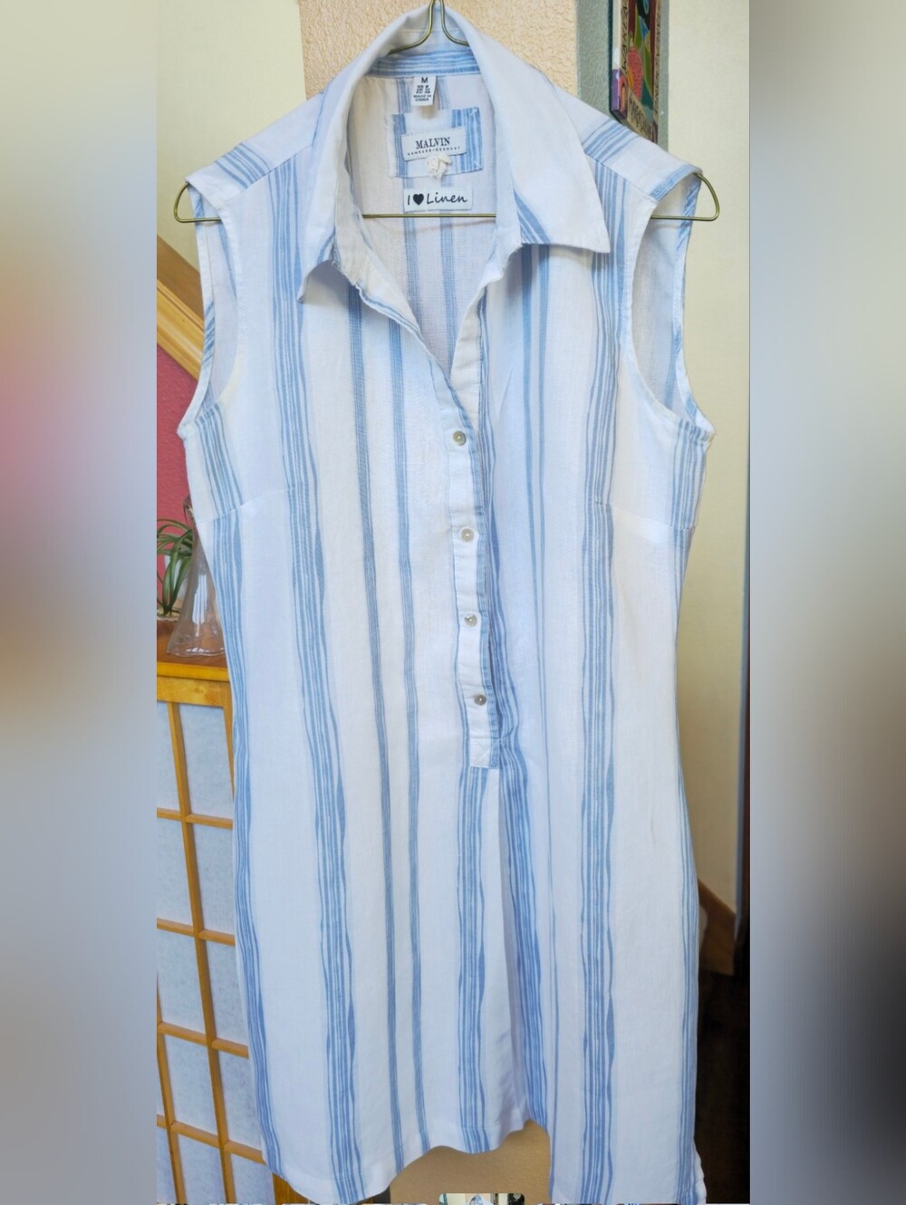 Malvin Hamburg Germany Linen Stripe Blue Mini Dress Size M US8
